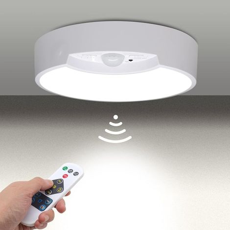 Plafonnier avec détecteur de mouvement à piles Plafonnier LED avec télécommande 300 lm Intensité variable 6500 K Blanc froid Capteur de cellules photoélectriques pour armoire, cave, balcon (1/5)