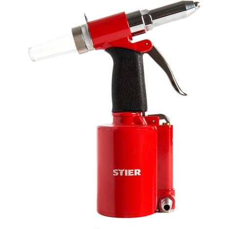 STIER Blindnietpistole SBN-1 für Nietgrößen von 2,4 - 4,8mm, inkl Mundstücke, Druckluft Nietpistole, niedriger Luftverbrauch, Kostensparende Pneumatik (1/4)
