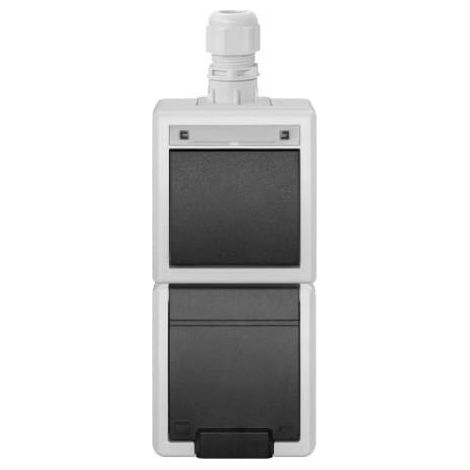 Set Aquant 2K di interruttore verticale monopolare (a due vie) per montaggio a superficie + presa singola con messa a terra 2P+Z IP65 grigio 5056-65