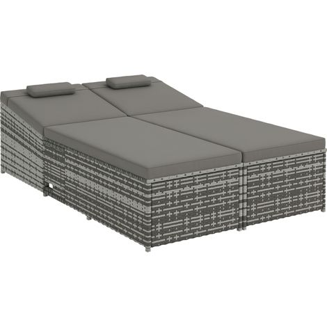 Outsunny 2 Seater Double Rattan Sun Lounger Recliner Day Bed Wicker Weaver Sofa Grey