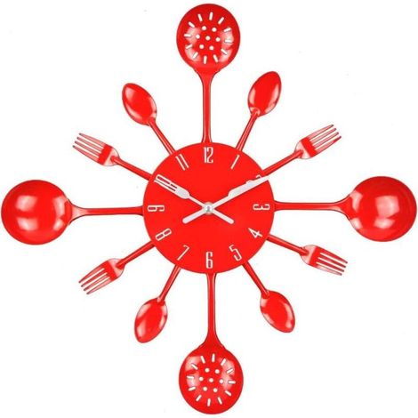 YMYNY Horloge murale, 16" Métal Cuisine Couverts Ustensiles Cuillère Fourchette Horloge Murale Créative Moderne Décoration Intérieure Style Antique Horloge Murale (Rouge) (1/5)