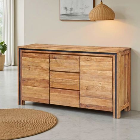 Buffet teck massif recyclé 220cm KAYOA Casita 3 portes et 3 tiroirs (1/2)