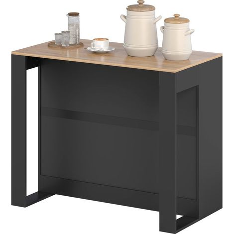 Îlot de cuisine avec comptoir bar et 3 étagères pour salon et séjour, 113 x 60 x 90 cm, noir et bois (1/5)