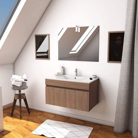 Ensemble Meuble de Salle de Bain Chene Celtique 80cm Suspendu + Vasque ceramique Blanche + Miroir (1/2)