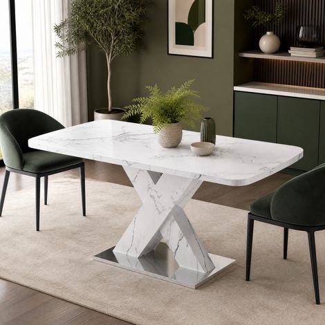 Mesa extensible rectangular 120-160 cm blanca efecto mármol, MDF y acero DESVIAE (1/5)