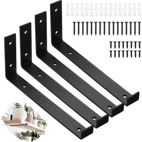 4 Pcs Black Heavy Duty Shelf Brackets   5/8/9/10 Inch Rustic Industrial L Shape Iron Brackets with Screws  and  Anchors, 9 Inch (1/5)