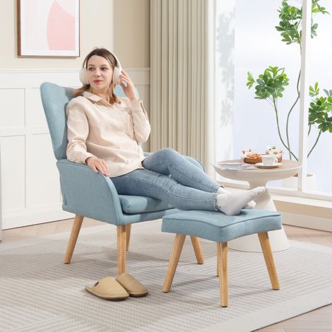 Sillón con Reposapiés Sillón Lectura con Respaldo Alto Capitoné Patas de Madera y Tapizado en Lino Azul Claro (1/5)