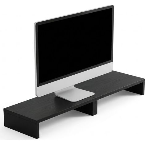 FurnitureR Monitorständer aus Holz, Monitorerhöhung für Schreibtisch, ausziehbarer Bildschirmständer mit 2 Ebenen, Monitorablage für PC, Laptop, ergonomischer Monitor Riser für Home Office, Schwarz (1/5)