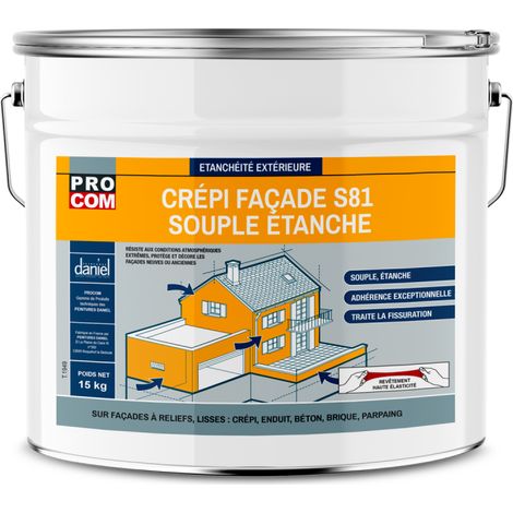 Procom – Crépi souple étanche pour façades – Enduit anti-fissure haute résine – Résiste aux intempéries – 15 kg
