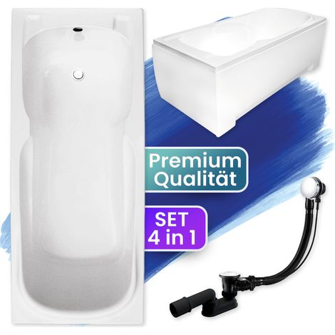 Badewanne Rechteck 120x70 mit AcrylSchürze, Ablaufgarnitur & Füßen GRATIS - Komplettset 4in1 Original Acryl Wanne Siphon - BADLAND MAJKA (1/5)