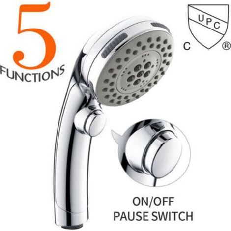 Pommeau de Douche Chromé avec Bouton Stop, Douchette à Main 5 Jets au Choix, Picots Anticalcaires. (1/5)