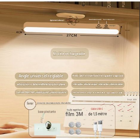 Lampe LED magnétique rechargeable type C 27cm angle ajustable anti lumière bleue trois couleurs gradable lampe d étude lecture pour étudiant dortoir bureau chevet (1/5)
