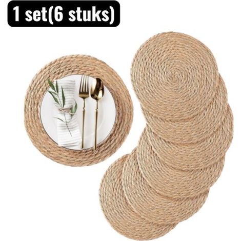 Lot de 6 sets de table ronds 30 cm – Dessous de table tressés en roseau et rotin naturel – Style bohème – Résistants à la chaleur (1/5)
