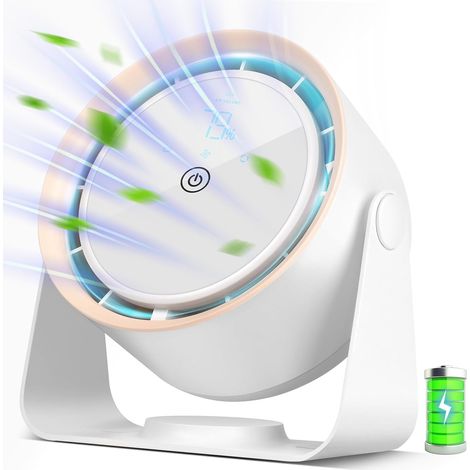 Ventilador de mesa recargable y silencioso con cinco velocidades y pantalla táctil digital. Ideal para dormitorios, viajes y acampadas. Color blanco. (1/5)