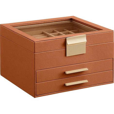 Boîte de rangement transparente à trois compartiments avec couvercle rabattable pour bagues, colliers et boucles d'oreilles, de grande capacité.