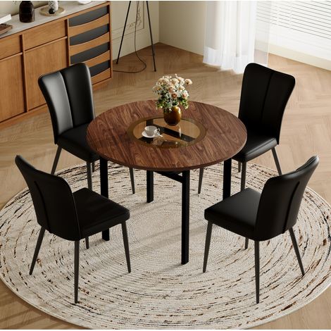 Ensemble table à manger ronde MDF effet bois brun et verre avec 4 chaises noires en PU, Ø100 cm, piètement métal (1/5)