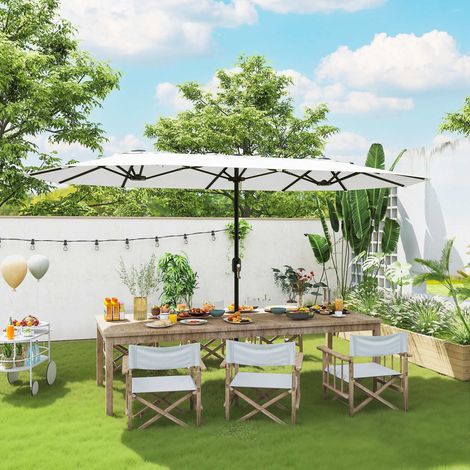Ombrellone doppio da giardino 4,6x2,6 m con manovella manuale, protezione UV50+, telo impermeabile, colore bianco.