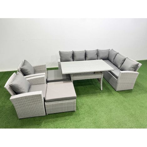 Fimous Rattan Garden Furniture Set Outdoor 10 Seater Patio Dining Corner Sofa Sets with Dining Table Chair Big Footstools Light Grey Mixed (1/4)