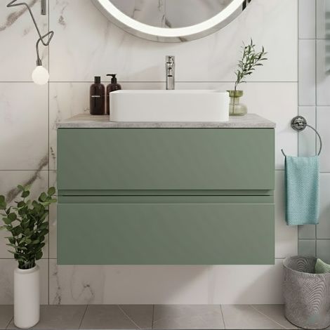 Hudson Reed Urban Wall Hung 2-Drawer Vanity Unit with Bellato Grey Worktop 800mm Wide - Satin Green (1/5)