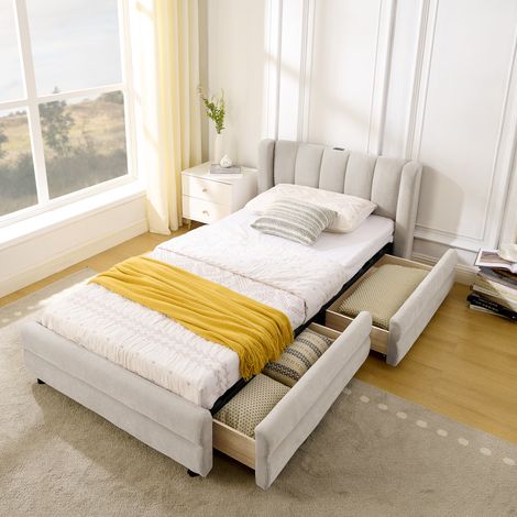 Letto singolo 90x200 cm in tessuto Chenille beige con 2 cassetti laterali, USB-C e testiera ergonomica (1/5)