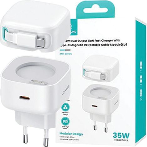 Chargeur réseau USAMS 1xUSB-C avec câble USB-C rétractable PD+QC 35W Gan Charge rapide Blanc Série XMF CC202TC02 (US-CC202) (1/5)
