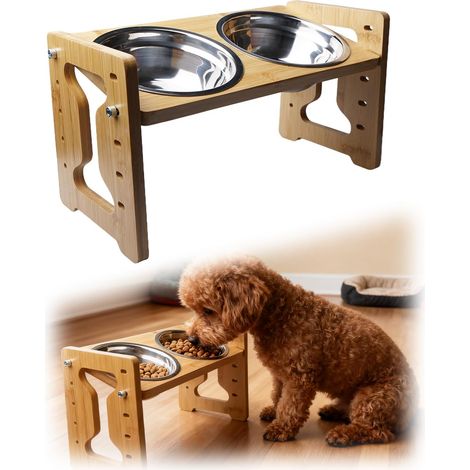Gamelle surélevée pour chien - Hauteur réglable - Avec support - Gamelle surélevée pour chien - En bambou - Pour petits chiens et chats - Avec 2 gamelles en acier inoxydable (1/5)