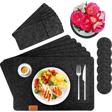 Mantel Individual MINKUROW, Mantel Individual De Fieltro, Juego De 6 Con Posavasos De Vidrio Y Bolsas Para Cubiertos, Posavasos De Mesa Lavables, Posavasos Lavables, Tapete De Fieltro (1/4)