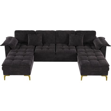 Divano angolare a U in ciniglia nera, 4 posti, con 2 chaise longue e gambe dorate (1/5)