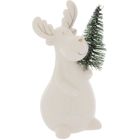 Déco de Noël Renne en céramique Blanche avec un sapin H 12.5 cm - Feeric Christmas (1/2)