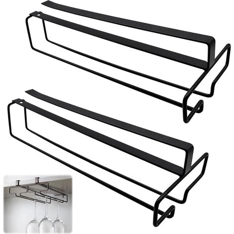 Set mit 2 hängenden Weinglashaltern, Weinglasregal aus Metall für unter den Schrank, Glasorganizer für Küche, Bar, Restaurant (Schwarz) (1/5)