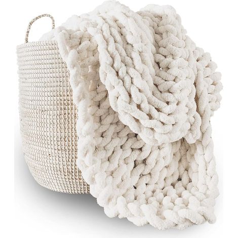 Jeté de lit en Grosse Maille 100 pour cent tricoté à la Main avec Fil Chenille Jumbo 80 x 100 cm Blanc crème (1/5)