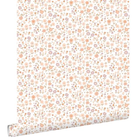 Papier peint intissé fleurs rose, terracotta et violet – Dimensions 53cm x 10.05m – Raccord sauté – Pose facile sans table à tapisser – Estahome