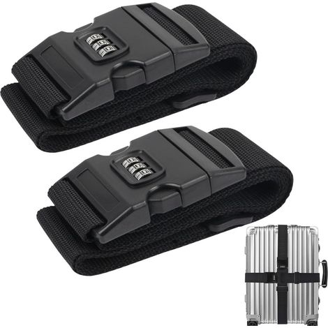 Correas para equipaje con candado de combinación - Paquete de 2 - Ajustables - 200 x 5 cm - Seguridad adicional - Viajes - Negro
