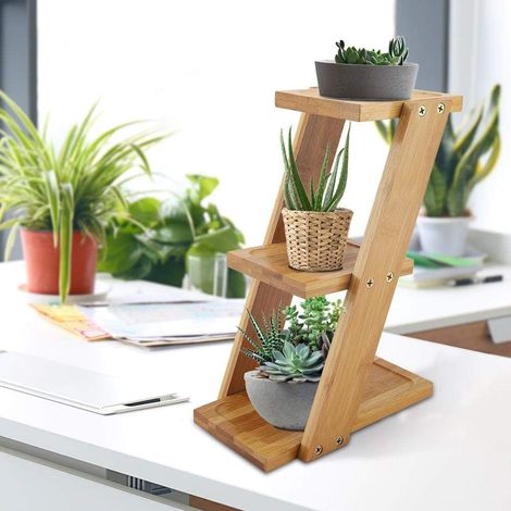 Support présentoir pour plantes en bois, supports pot de fleurs 3 étagères porte plante en bambou, étagère pour pots de fleurs et plantes pour table de chevet et salle d'étude, 25 x 18 x 9,2 cm (1/5)