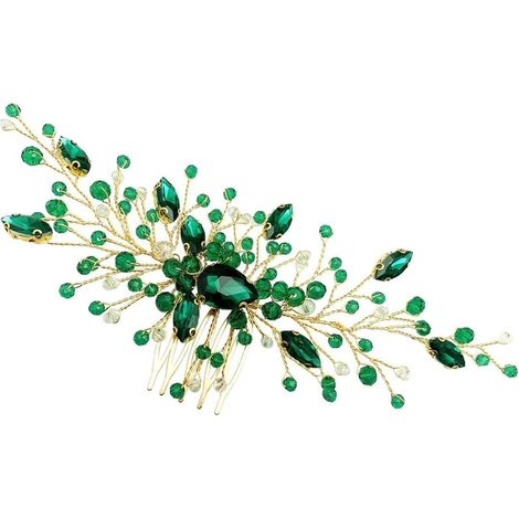 Pettini per capelli da sposa, fermagli per capelli da sposa, acconciature da sposa, perline a forma di fiore verde, cerchietti con foglie, accessori per capelli da ballo, accessori per capelli con str (1/3)