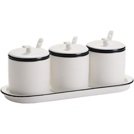 Sucre Blanc en céramique bols Pots à condôments Pots à épices assaisonnement Box Set avec couvercle et cuillère Tray-sets de 3 blanc (1/5)