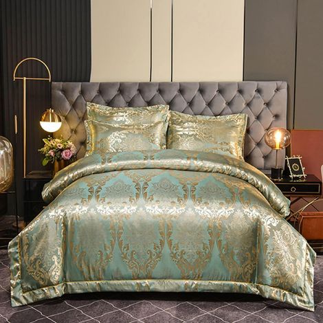 Bettwäsche 200x200 cm Satin Jacquard Barock Blumenmuster Gold Hellgrün 3-teilig