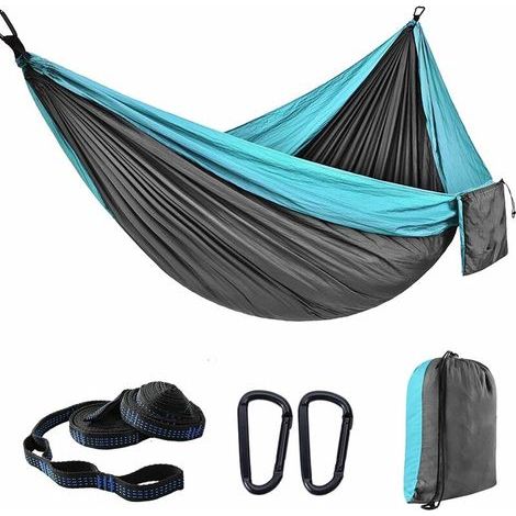 Hamac Jardin Exterieur Voyage Ultraléger Double Couche Durable en Parachute Nylon Max Payload 300KG270x140cm 2 Mousquetons2 SanglesHamac de Camping Randonnée Trekking (Bleu) (1/3)