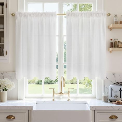 Rideau Cuisine Effet Lin Blanc, Rideaux Courts Lin Brise Bise Moderne 2 Pièces 60 cm de Large x 90 cm de Haut Voilage Semi-Transparent Passe Tringle Petite Fenêtre Meuble Bas (1/5)