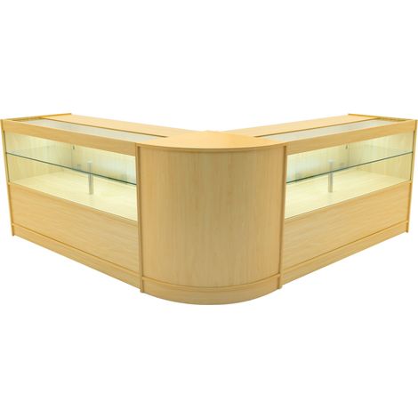 Set Mostradores Comerciales "SELENE"  Arce 2x C1500 +1xCM60  MDF y vidrio templado  Estantes y puertas corredizas con cerradura  Fácil Montaje  Mostrador Recepción Expositor Comercial Mesa