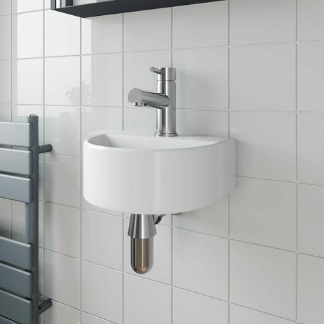 Cloakroom Wall Hung Basin Sink Hand Wash Round 1 Tap Hole White Modern Bathroom (1/3)
