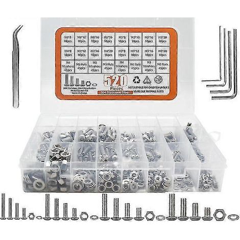 Kit de 520 piezas de tornillos de cabeza hexagonal, cabeza hueca y tornillos para cables de acero inoxidable M3, M4, M5 y M6 con tuercas surtidas. (1/3)