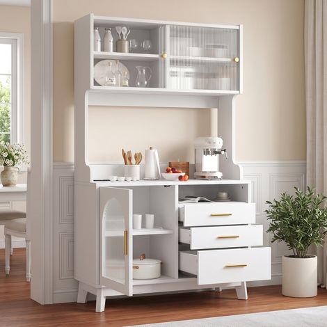 Buffet de cuisine haut avec prises électriques, USB-C et USB-A, multiples espaces de rangement, 100,5x40x178 cm, blanc (1/5)
