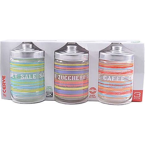 Set 3 Barattoli da Cucina in Vetro Sale Zucchero Caffè Caraibi