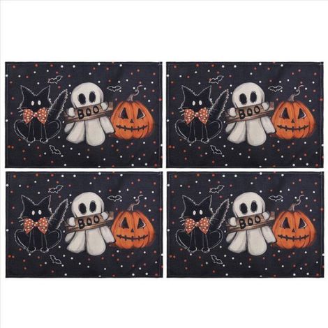 4 Sets de table,Polyester,Résistant à la chaleur,Motif citrouille et chat,Décoration automne,Salle à manger (1/4)