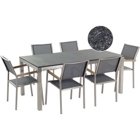 Set da Giardino Piano in Granito Fiammato 6 Sedie Grigie 180 x 90 cm Grosseto