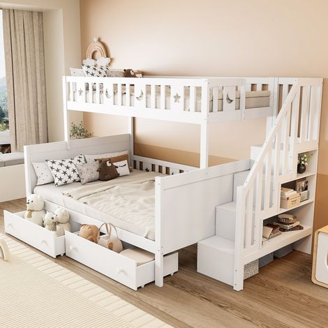 Lit enfant 90200/140200 cm, lit superposé en bois massif, avec escalier de sécurité, deux grands tiroirs et sommier à lattes, blanc (1/5)