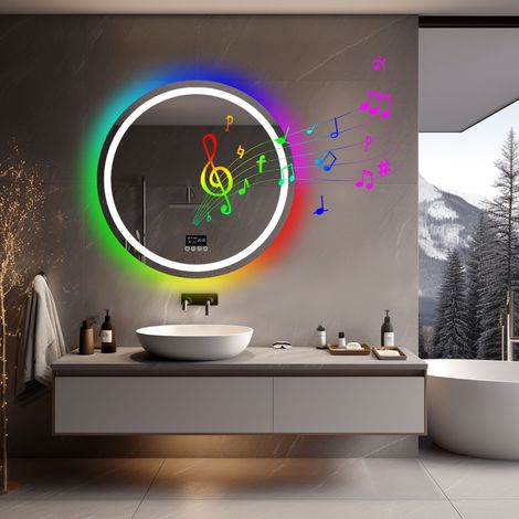RGB Colorful Smart LED Illuminated Fog-free Extra Large Bathroom Mirror with Bluetooth Speakers, Time and Date Digital Display - Round 800mm (1/5)