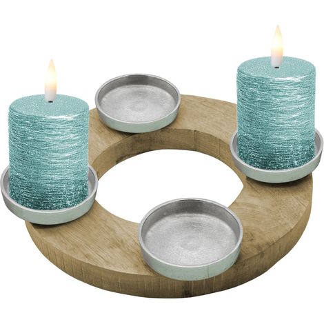 Mango Adventskranz für 4 Stumpenkerzen - Ø 27 cm - Holz Kerzenständer mit Alu Kerzentellern - Weihnachten Advent Winter Tisch Deko Kerzenhalter