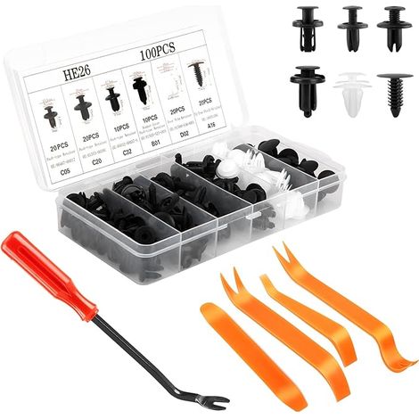 105 clip di fissaggio per auto, 6 misure, 100 rivetti in plastica e 5 strumenti per la rimozione delle viti per auto, adatti alla maggior parte dei modelli. (1/5)